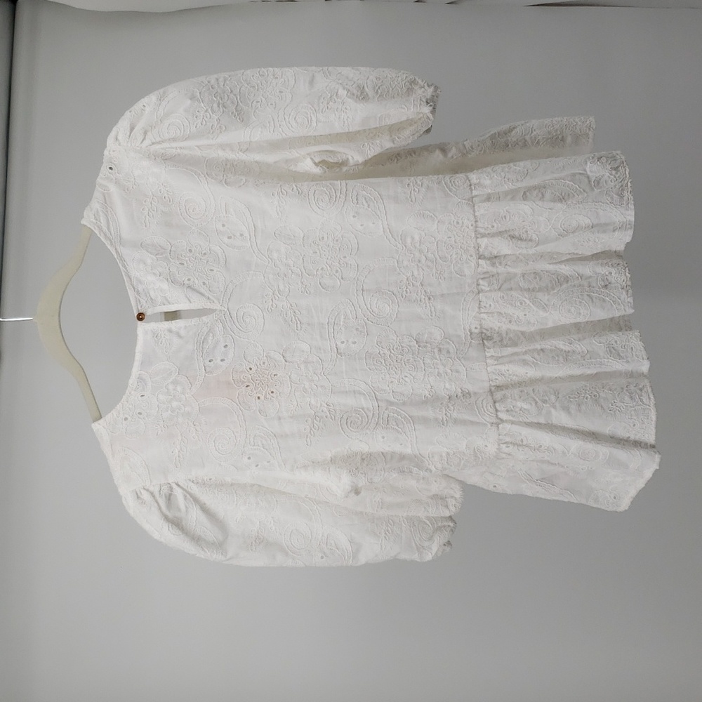 Nanette Lepore Eyelet Peplum Short Puff Sleeve White Keyhole Blouse Size XL - Picture 9 of 12